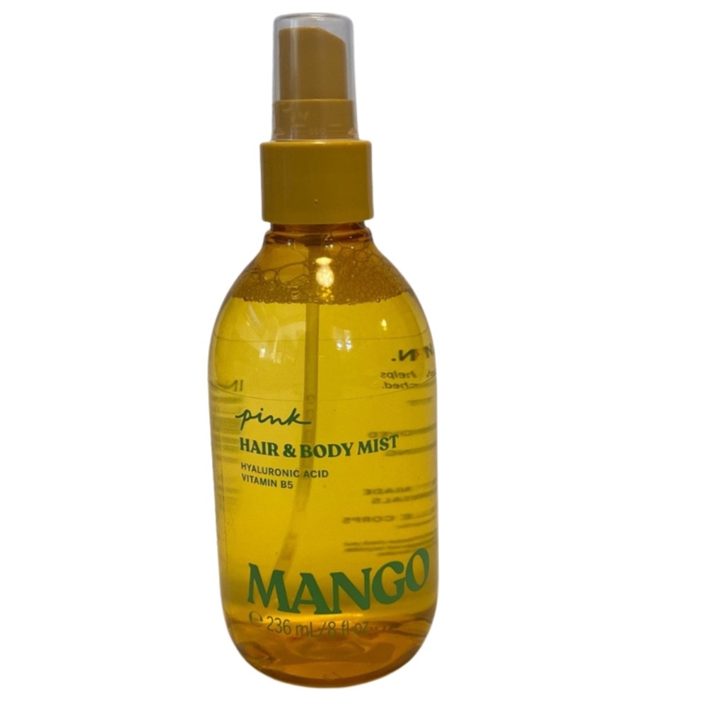 Victoria’s Secret pink hair and body mango fragrance mist spray.